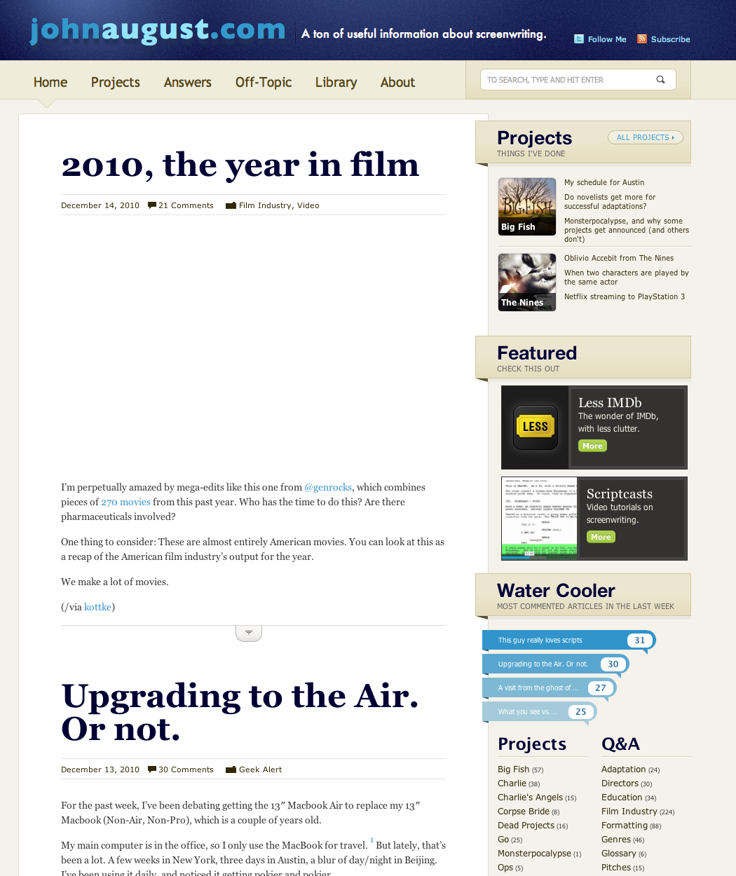 Johnaugust.com as it appeared December 2010