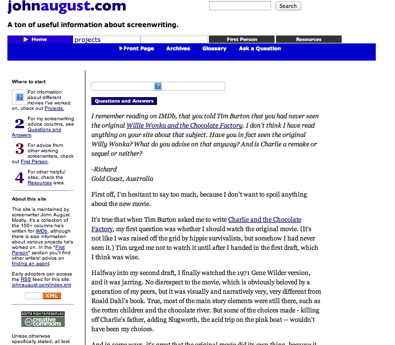 Johnaugust.com as it appeared December 2004