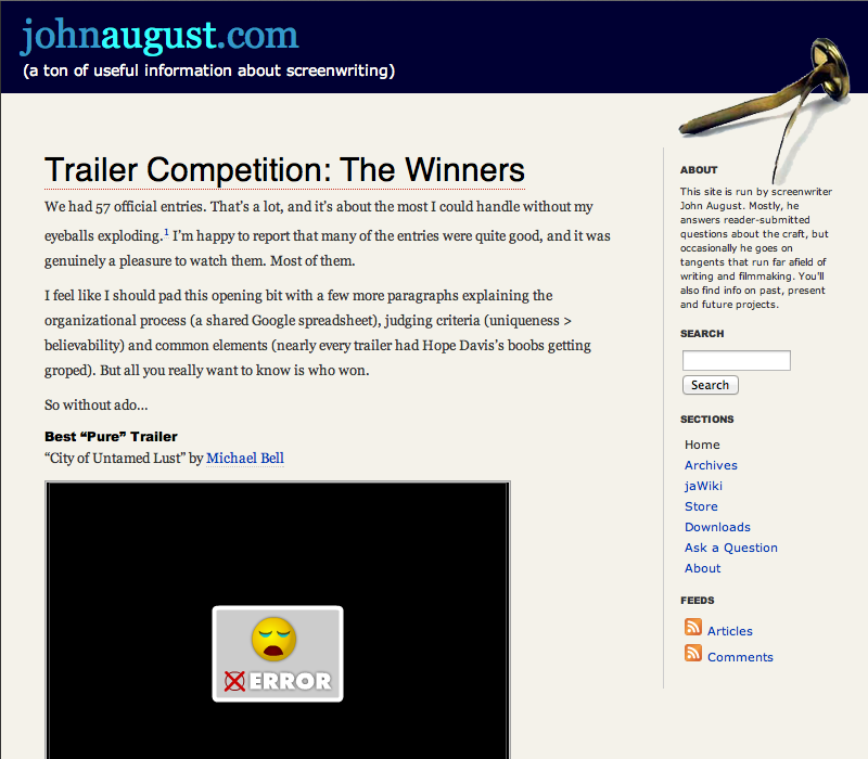 Johnaugust.com as it appeared November 2007